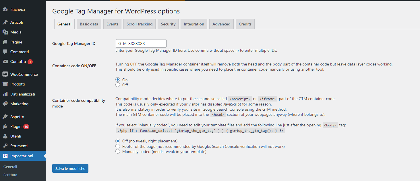 Schermata introduttiva del plugin GTM4W in cui si inserisce l'id e si fanno i primi settaggi