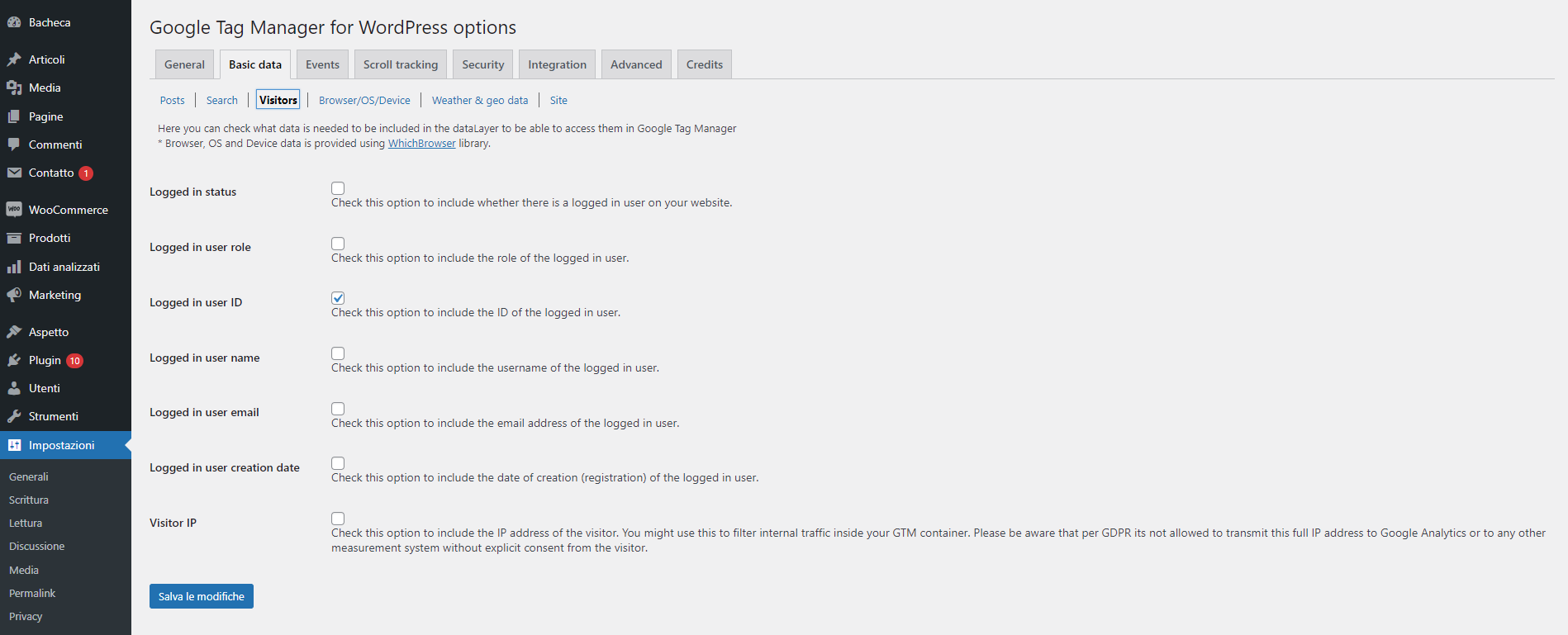 Schermata del plugin GTM4W in cui abilitare lo user ID