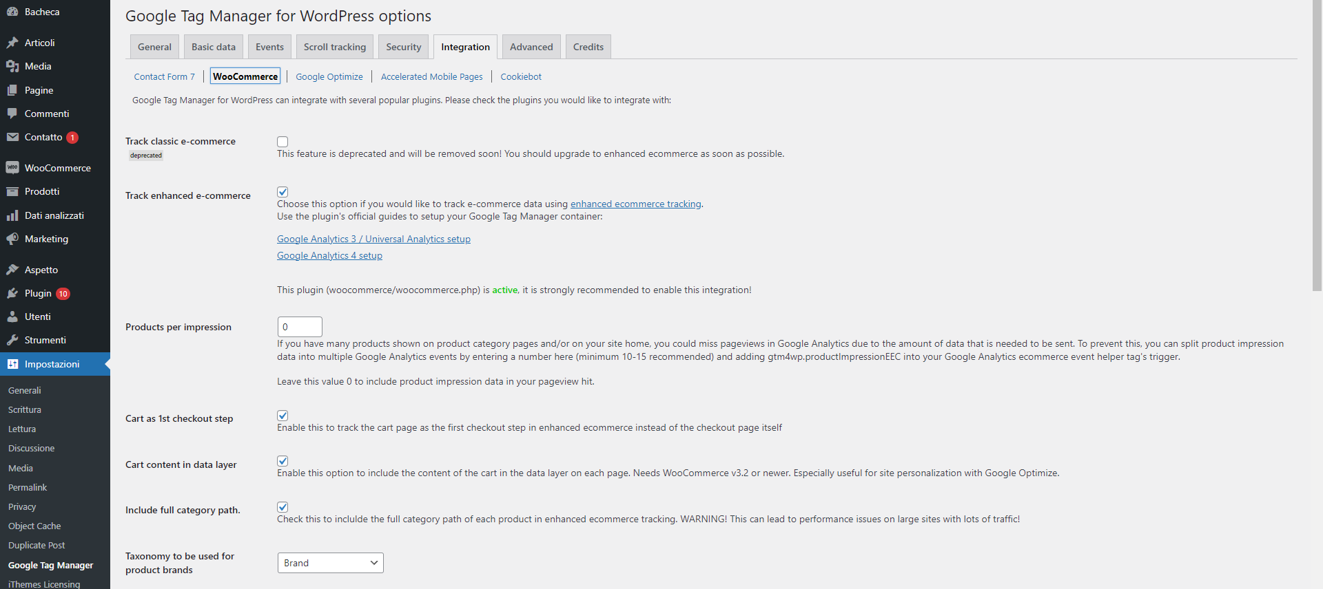 Schermata relativa ai settaggi woocommerce del plugin GTM4W