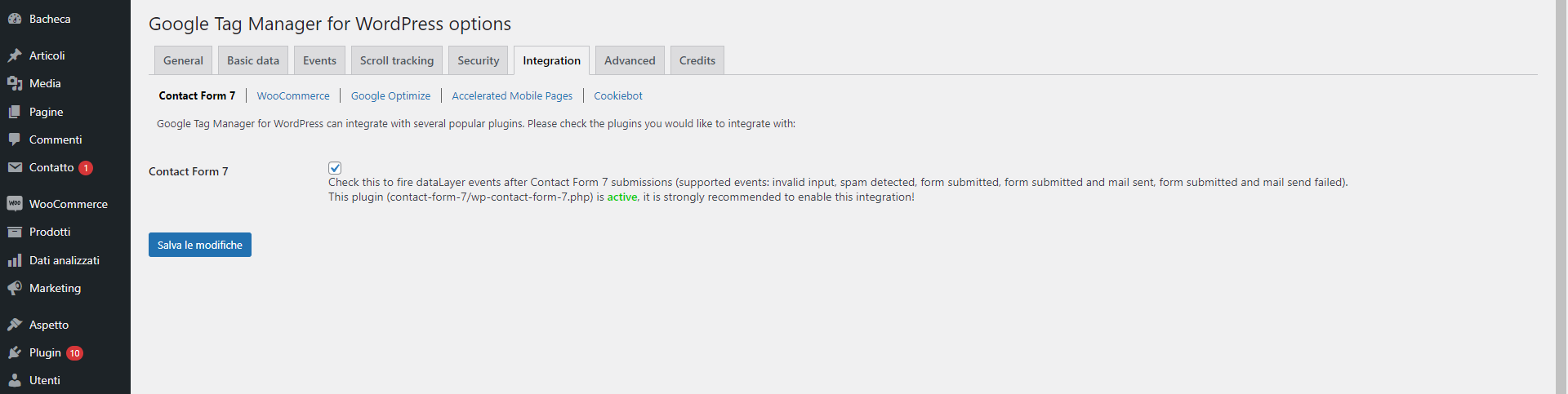 Schermata relativa alle integrazioni del plugin GTM4W in cui si può abilitare l'integrazione con Contact Form 7